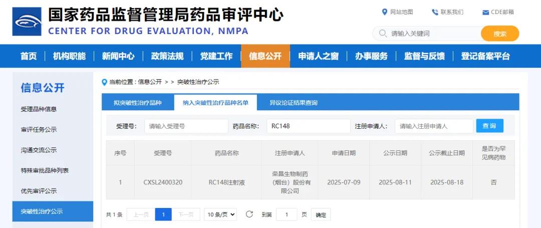 荣昌生物原研PD-1 / VEGF双抗RC148被CDE纳入突破性治疗药物品种，治疗非小细胞肺癌